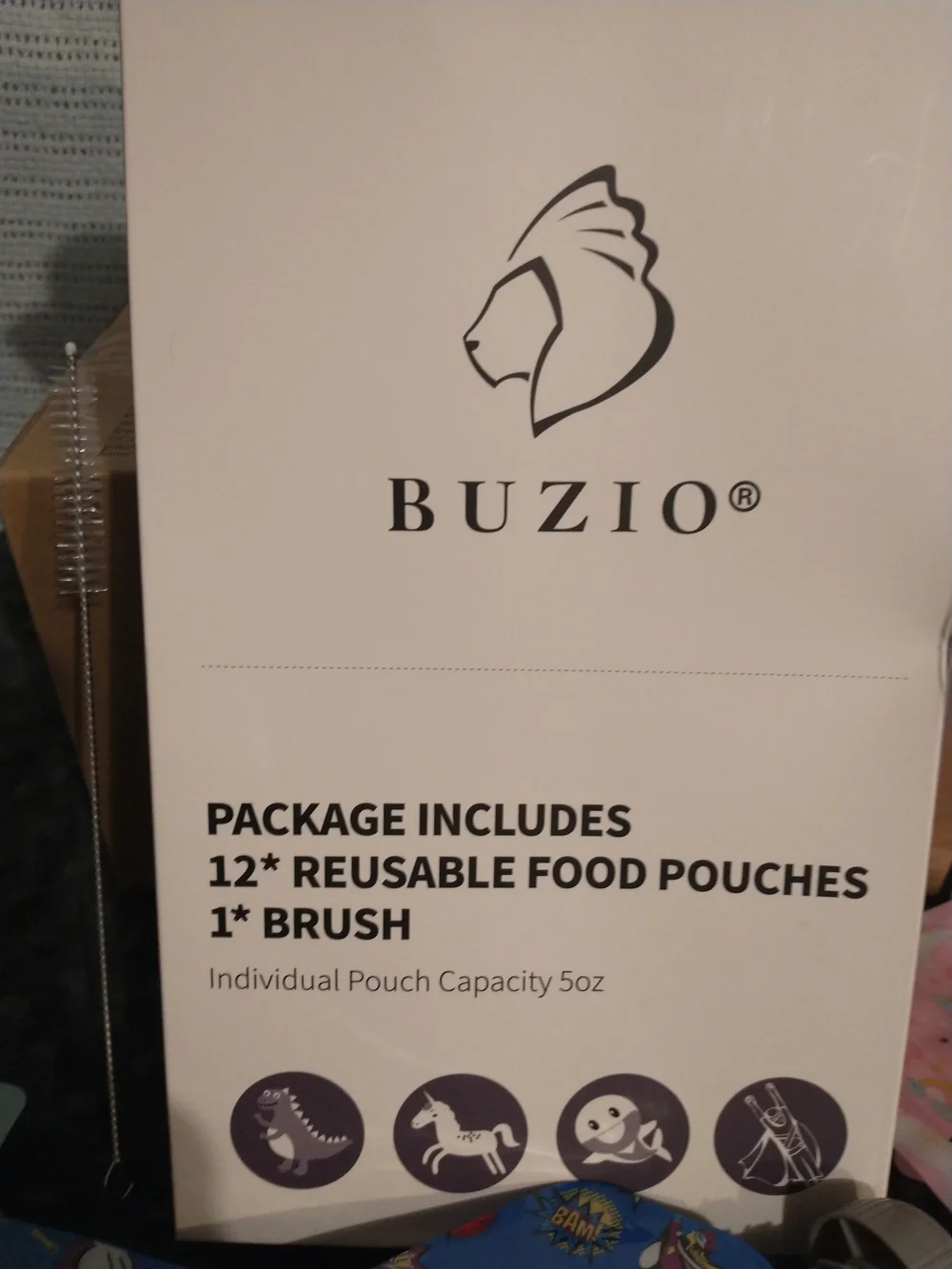 NEW - BUZIO Reusable Food Pouches - 12 (5oz) Pouches w/ 4 Themes